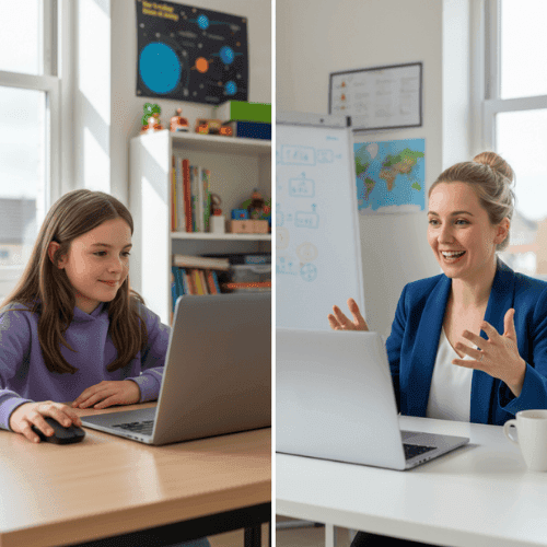 A Year 3 student at her laptop learning live with an Eleven Ace maths tutor at a whiteboard