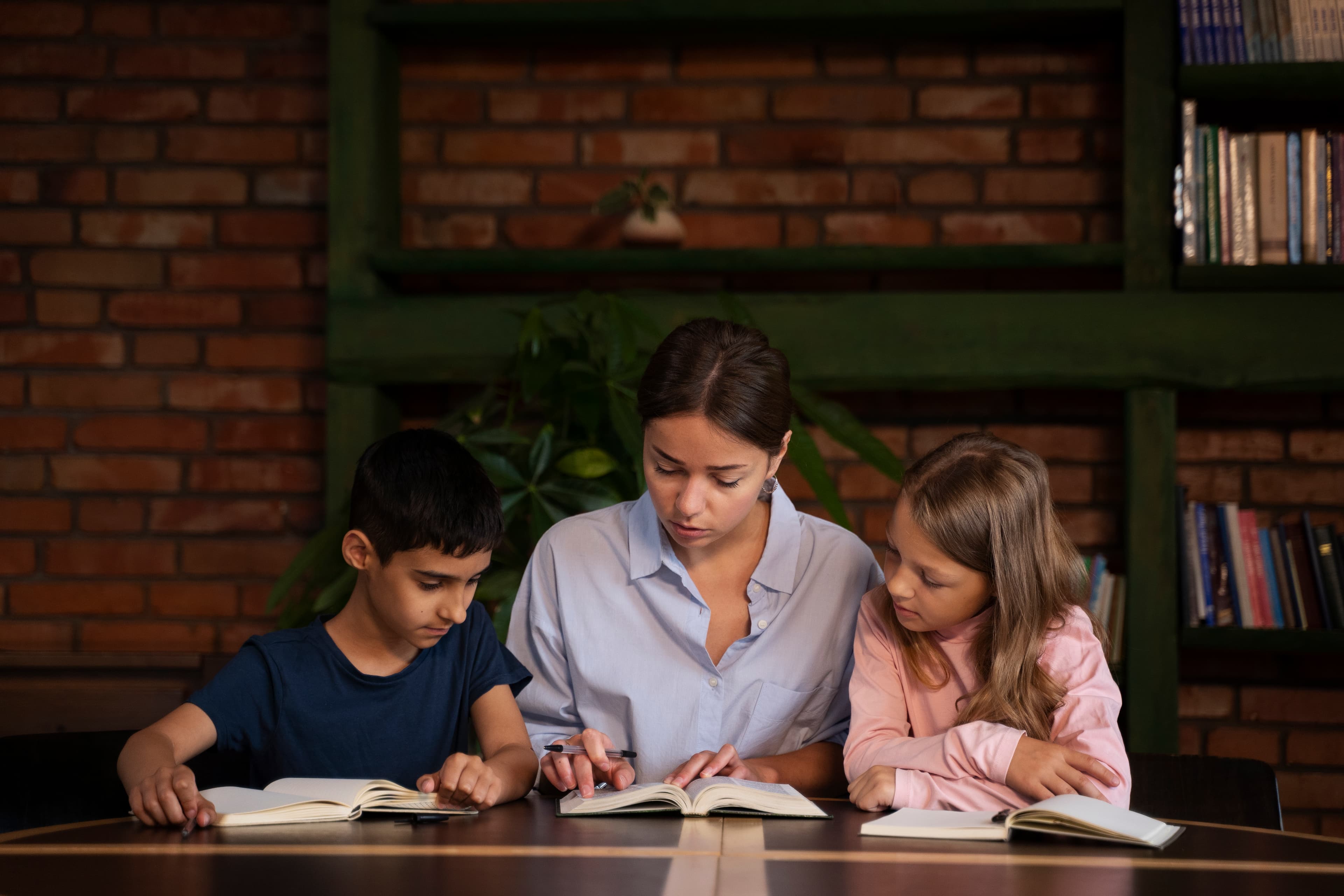 A tutor guiding two young students through a reading exercise at a shared desk