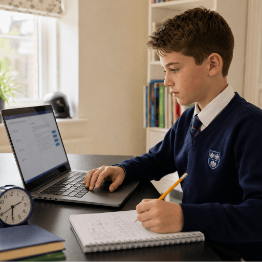 Student in school uniform working through a GL Assessment practice paper on a laptop, with a notebook beside him