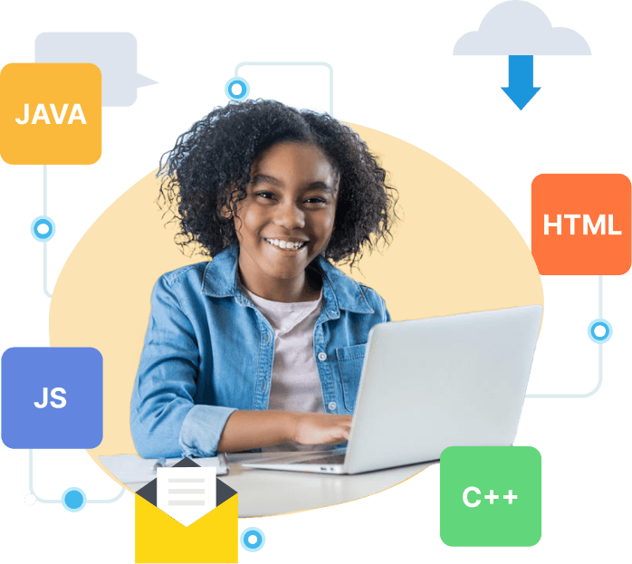 A smiling girl coding on a laptop, surrounded by Java, HTML, JS and C++ badges