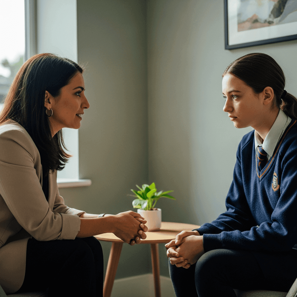 A counsellor listening attentively to a teenage student in school uniform