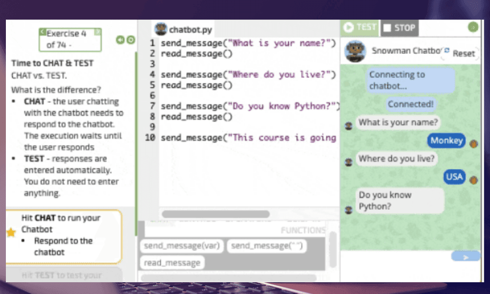 Chatbot-building exercise showing Python code in chatbot.py next to a live chat test window