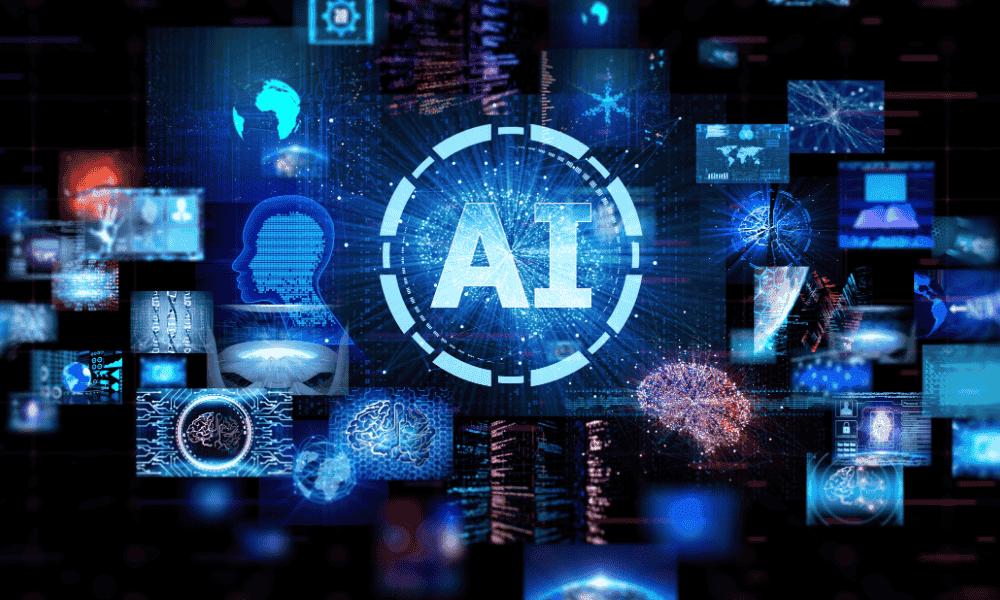 Artificial intelligence concept graphic with an AI emblem surrounded by data visualisations