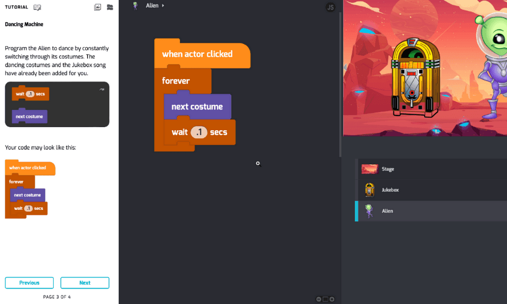 Block-based coding lesson where students program a dancing alien character step by step