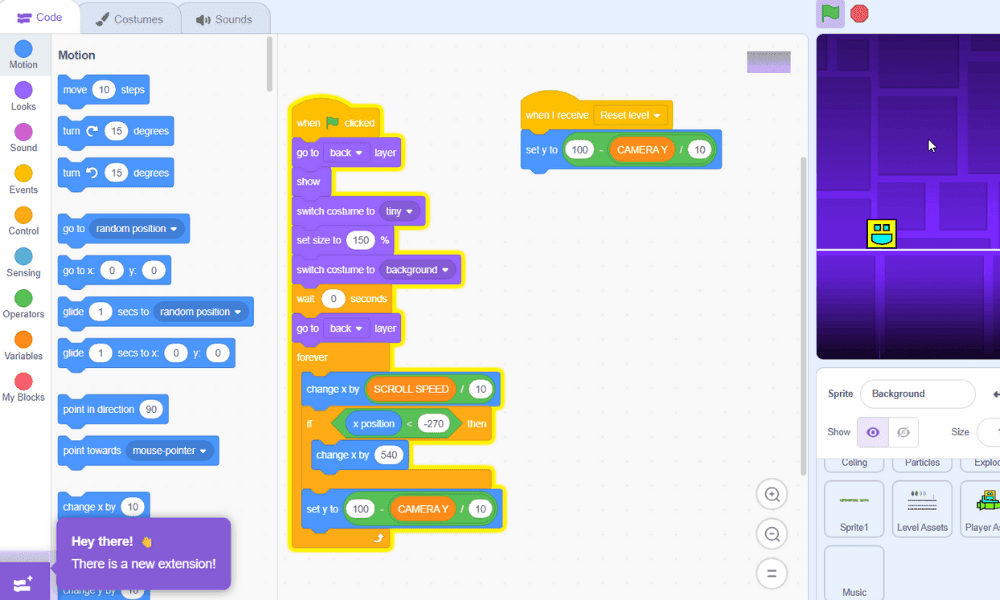 Drag-and-drop coding blocks controlling a simple game level in the block editor