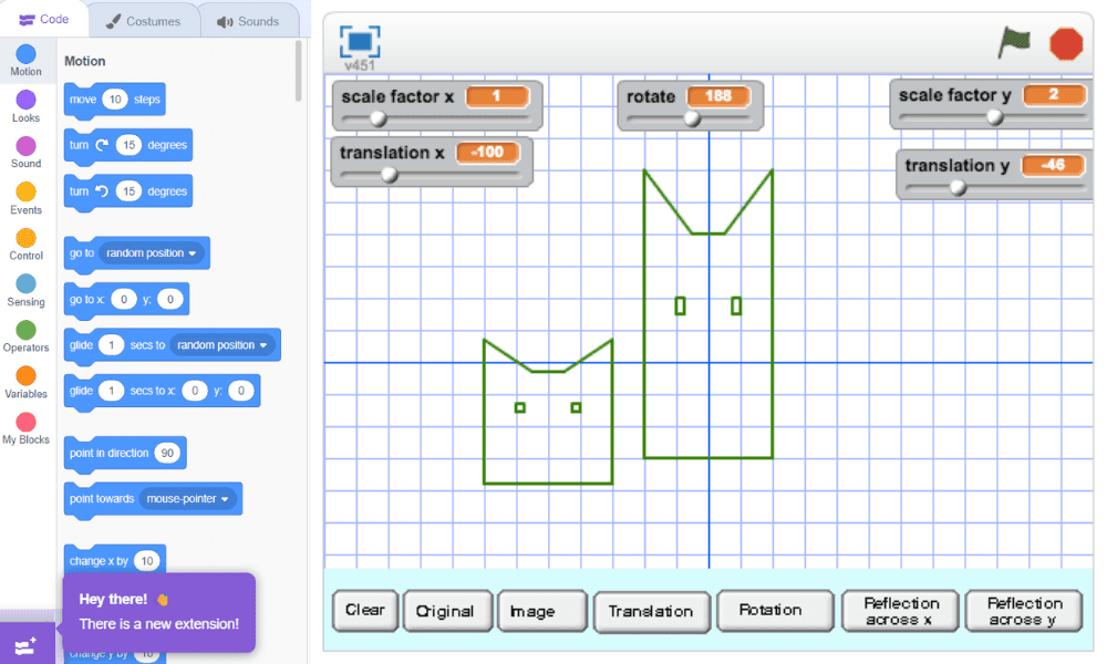 Maths-meets-coding exercise using scale, rotation and translation to transform a drawing on a grid