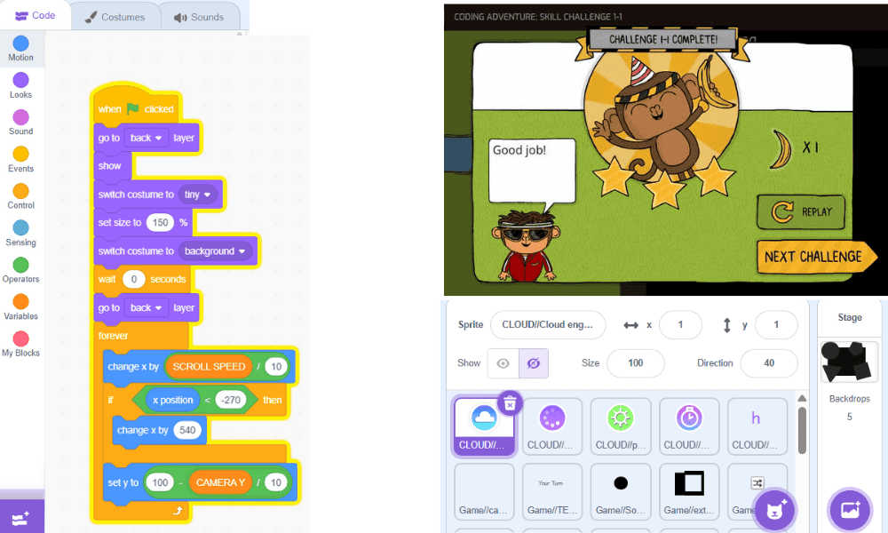A student-built game project shown next to the code blocks that power it