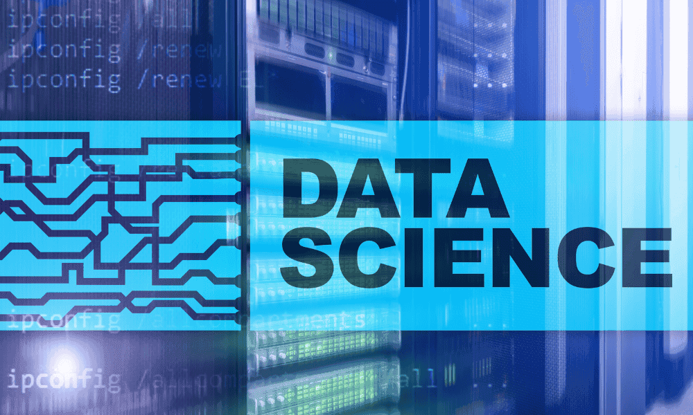 Data science concept graphic with circuit patterns over a server room backdrop