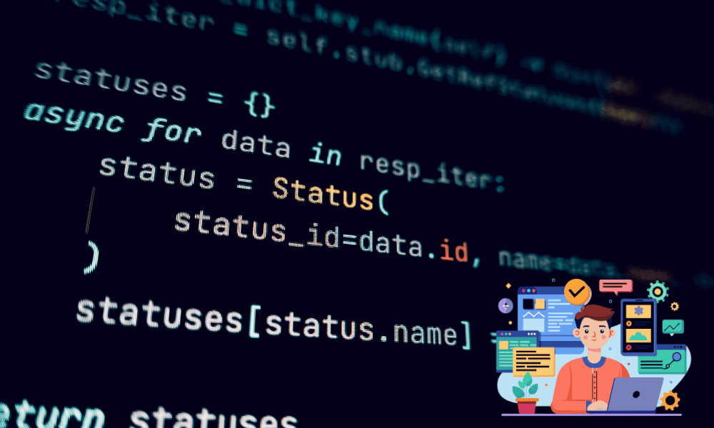 Python code on a dark screen alongside an illustration of a young programmer at a laptop