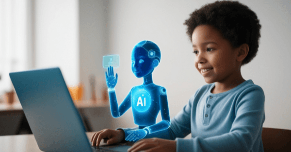 A young boy at a laptop greeting a friendly holographic AI learning assistant
