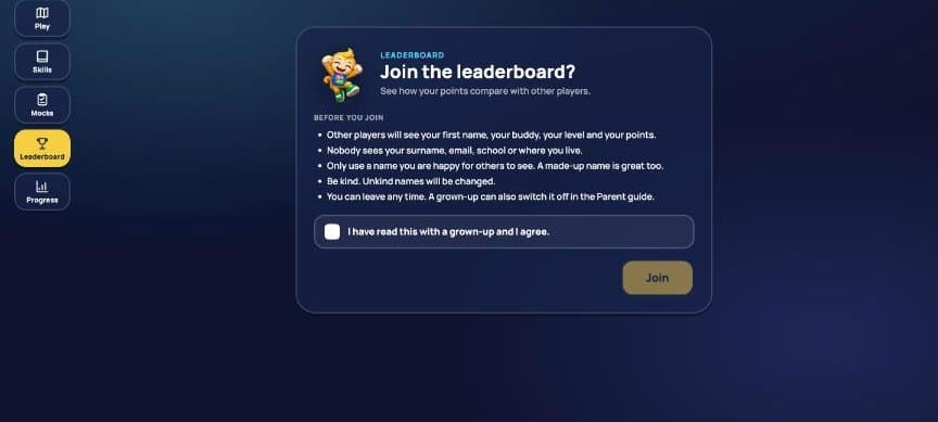 A leaderboard a grown-up opts into in Eleven Ace Learn