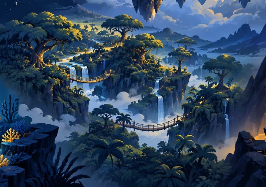 One of the worlds inside Eleven Ace Learn — a jungle of floating islands, waterfalls and rope bridges